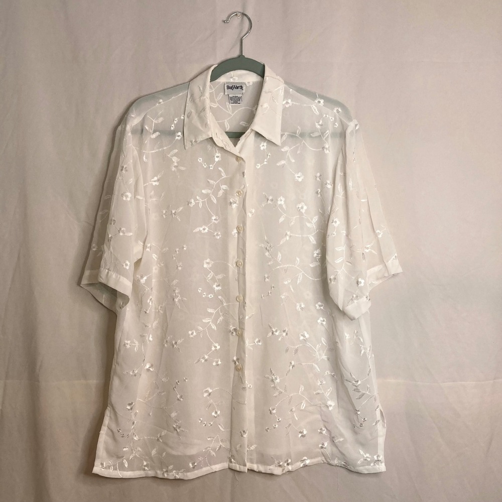 VTG 80s White Floral Embroidered Sheer Button Down Shirt BonWorth L Fairycore